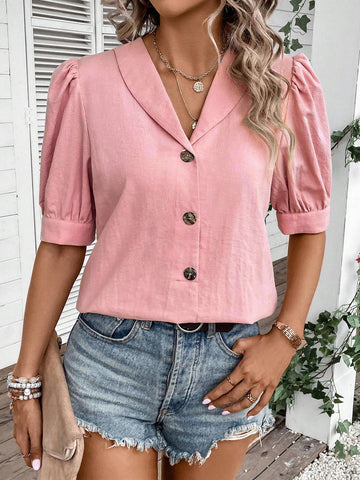 Shawl Collar Puff Sleeve Button Front Shirt