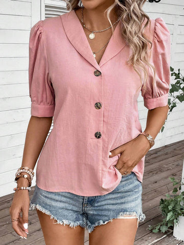 Shawl Collar Puff Sleeve Button Front Shirt
