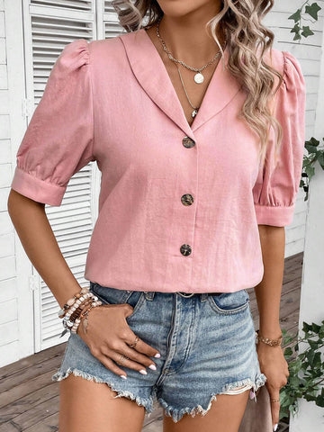 Shawl Collar Puff Sleeve Button Front Shirt
