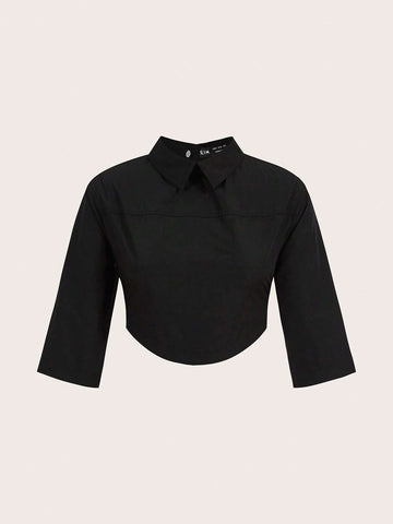 Solid Curved Hem Crop Blouse