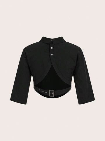 Solid Curved Hem Crop Blouse
