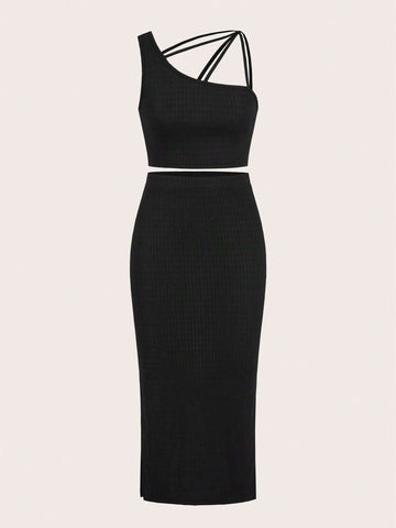 Asymmetrical Neck Crop Top & Split Thigh Skirt