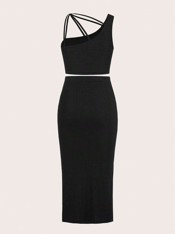 Asymmetrical Neck Crop Top & Split Thigh Skirt