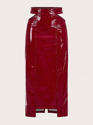 Cut Out Waist PU Leather Skirt