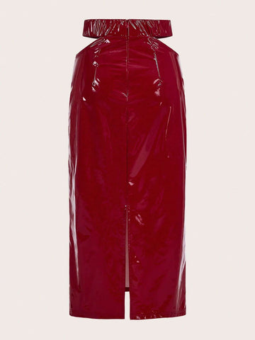 Cut Out Waist PU Leather Skirt