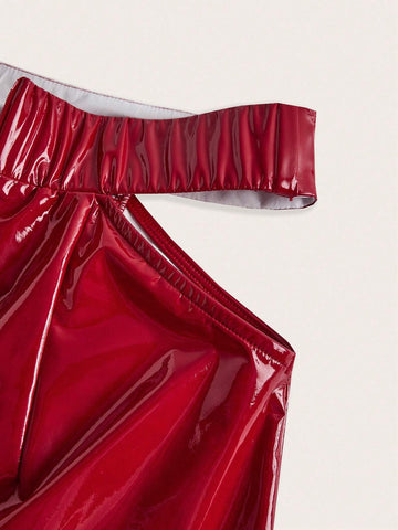 Cut Out Waist PU Leather Skirt