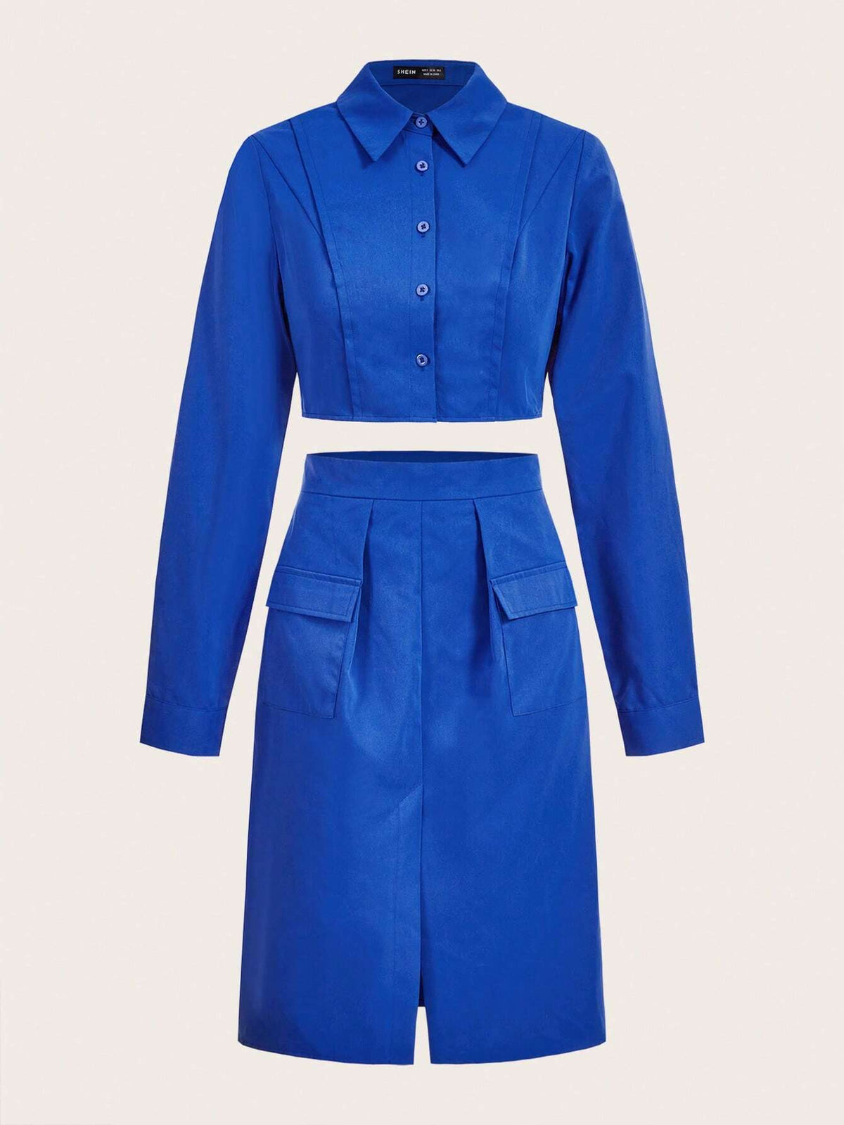 Solid Button Front Crop Shirt & Flap Pocket Skirt