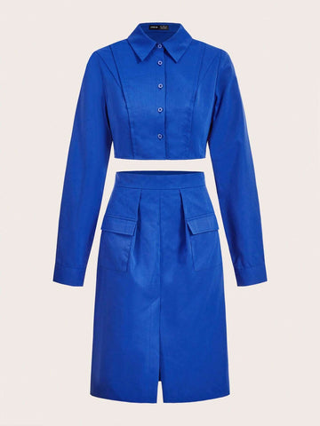 Solid Button Front Crop Shirt & Flap Pocket Skirt