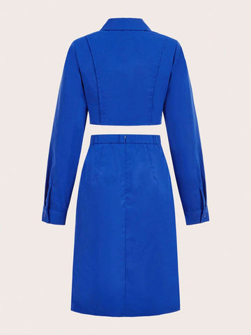 Solid Button Front Crop Shirt & Flap Pocket Skirt