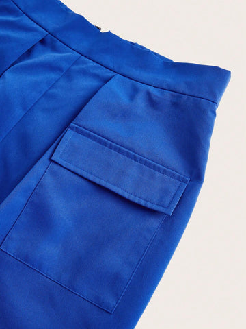 Solid Button Front Crop Shirt & Flap Pocket Skirt