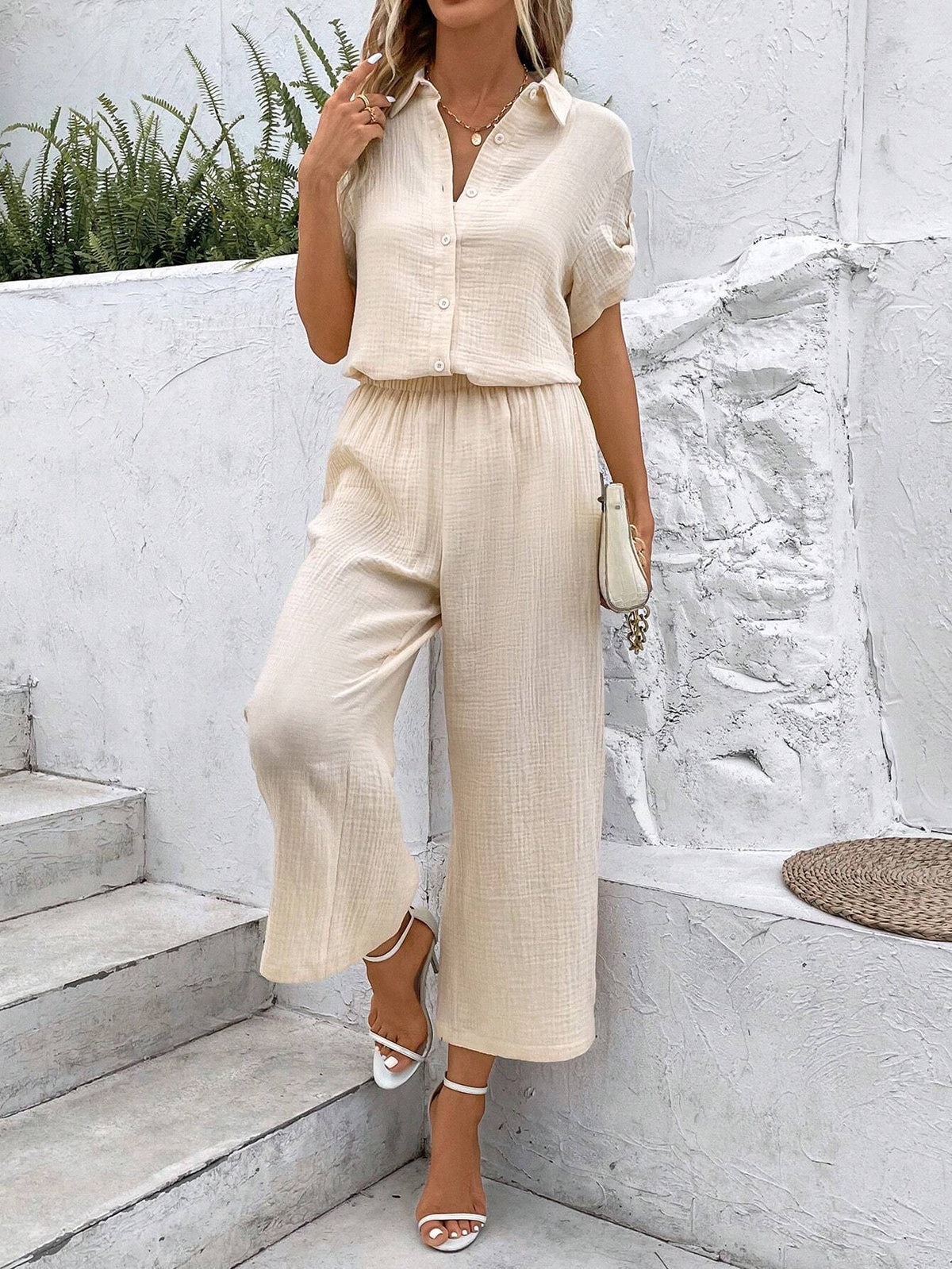 Solid Button Front Shirt & Wide Leg Pants