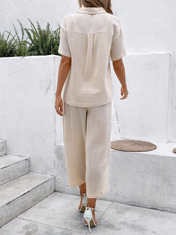 Solid Button Front Shirt & Wide Leg Pants