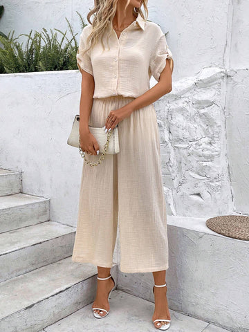 Solid Button Front Shirt & Wide Leg Pants