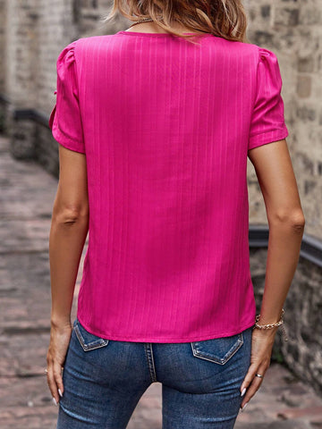 Solid Puff Sleeve V Neck Blouse