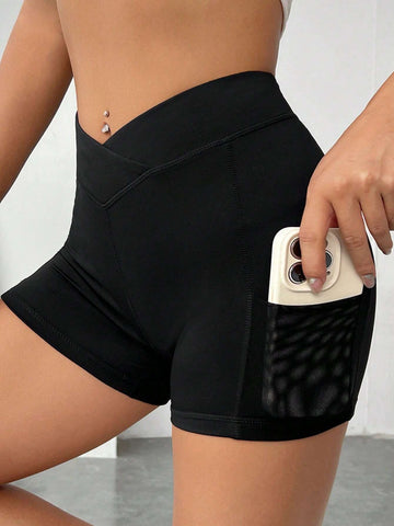 EZwear Solid Asymmetrical Waistband Phone Pocket Side Biker Shorts