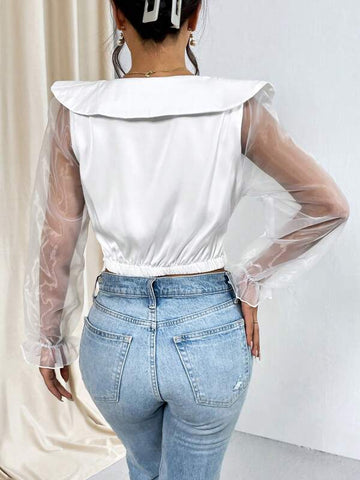 Contrast Mesh Flare Sleeve Knot Side Crop Blouse