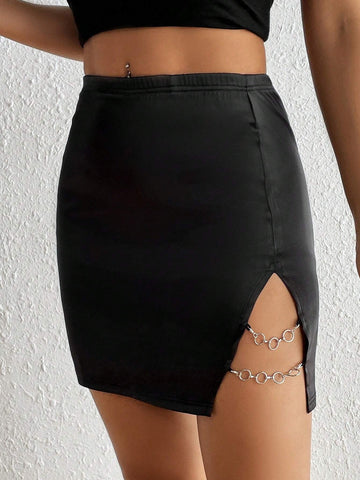 PETITE Chain Detail Split Hem Satin Bodycon Skirt