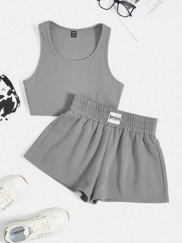 Solid Crop Tank Top & Letter Patched Shorts