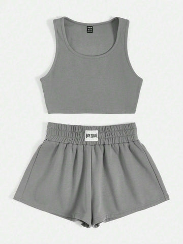 Solid Crop Tank Top & Letter Patched Shorts