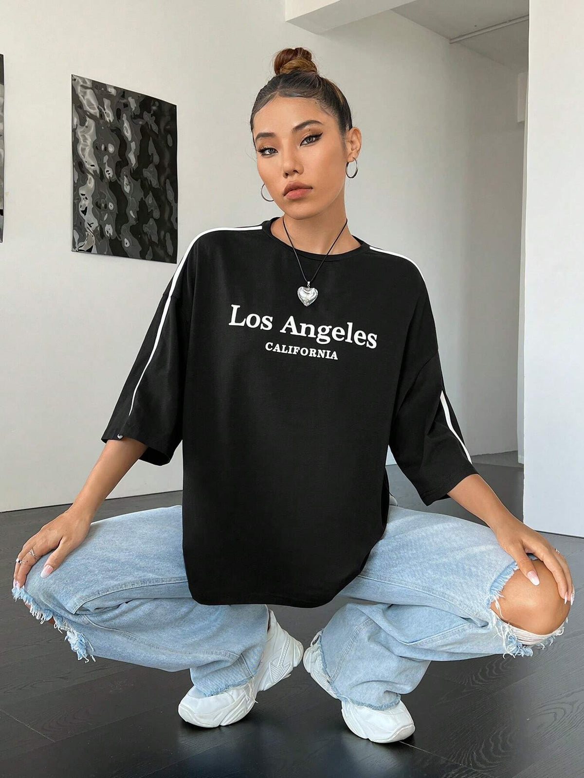 Letter Graphic Contrast Tape Drop Shoulder Oversized Tee