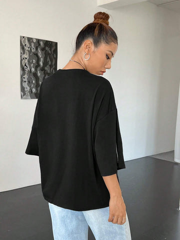 Letter Graphic Contrast Tape Drop Shoulder Oversized Tee
