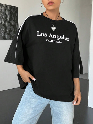Letter Graphic Contrast Tape Drop Shoulder Oversized Tee