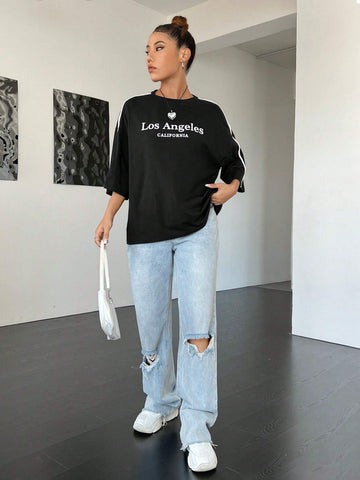Letter Graphic Contrast Tape Drop Shoulder Oversized Tee