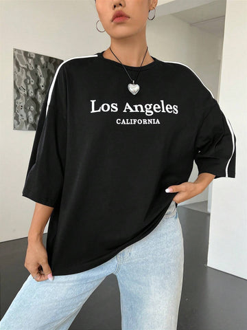 Letter Graphic Contrast Tape Drop Shoulder Oversized Tee