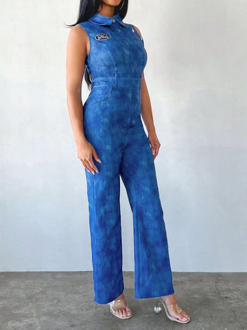 Letter Graphic Button Detail Sleeveless Jumpsuit