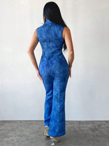 Letter Graphic Button Detail Sleeveless Jumpsuit