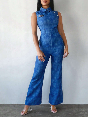 Letter Graphic Button Detail Sleeveless Jumpsuit