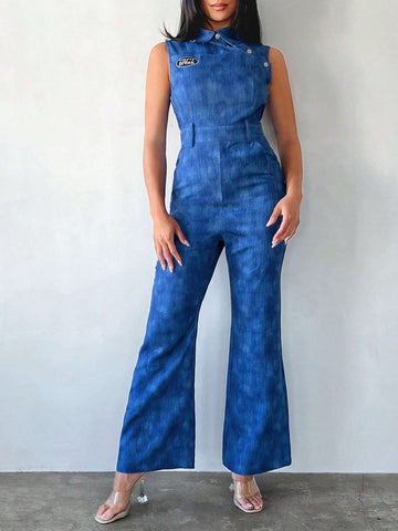 Letter Graphic Button Detail Sleeveless Jumpsuit