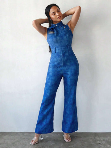 Letter Graphic Button Detail Sleeveless Jumpsuit