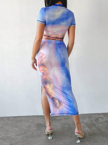 Tie Dye Crop Tee & Split Thigh Skirt