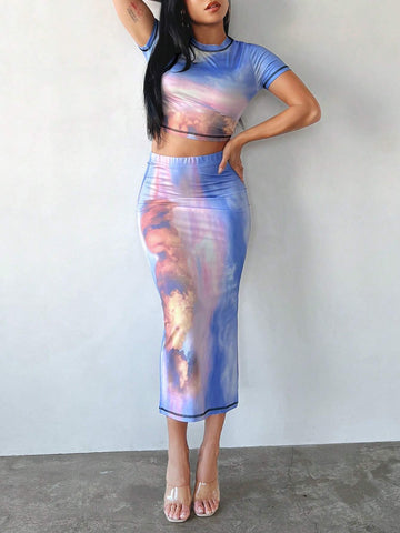 Tie Dye Crop Tee & Split Thigh Skirt