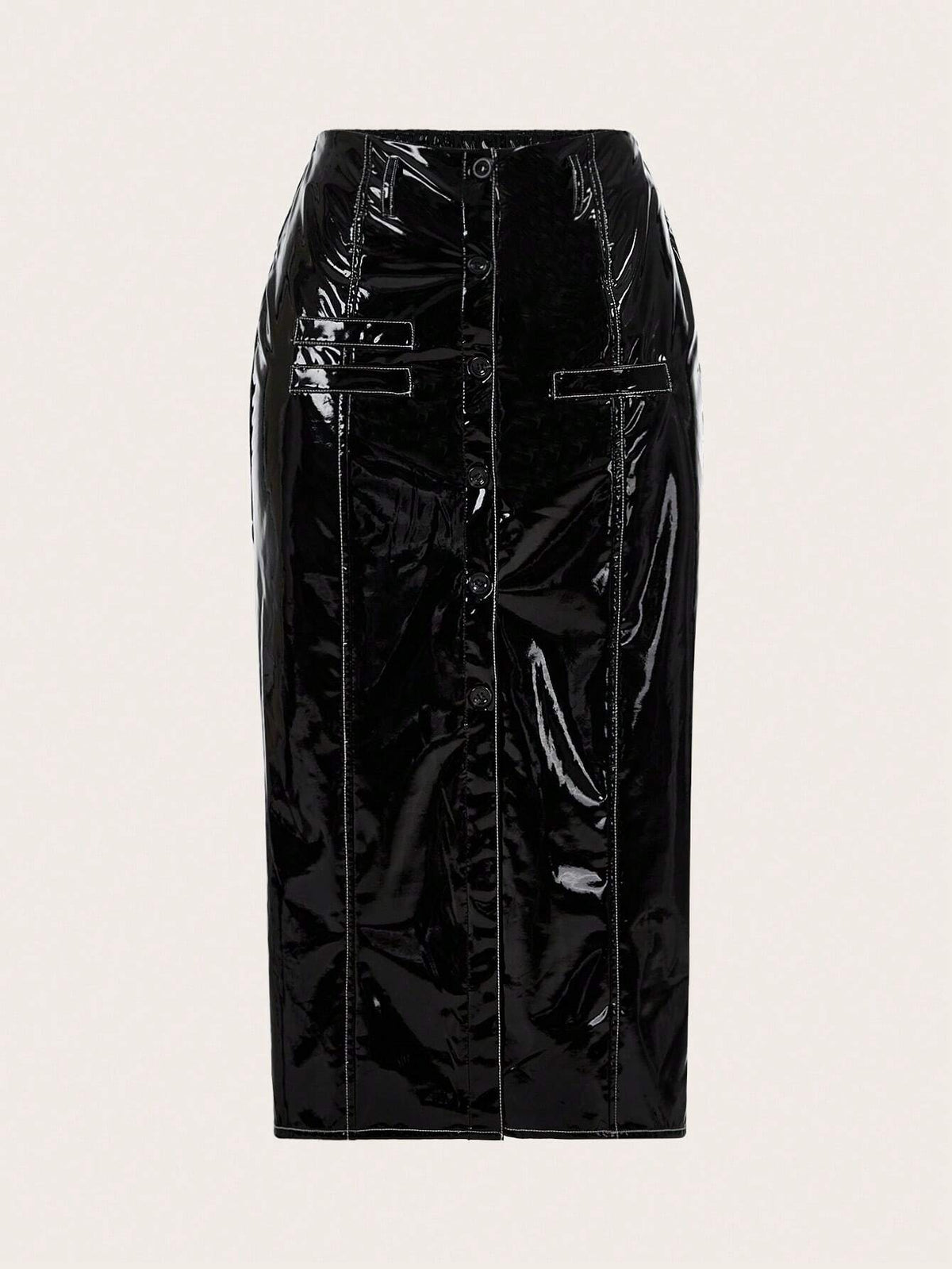 High Waist Button Front PU Leather Skirt