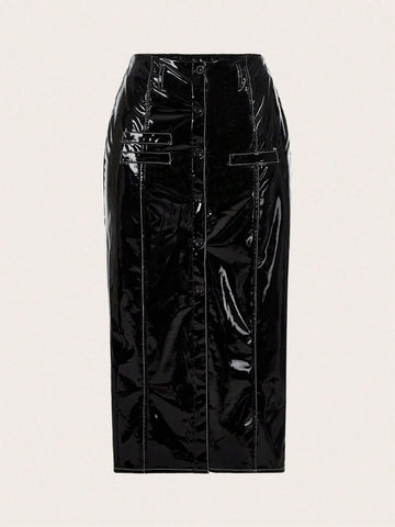 High Waist Button Front PU Leather Skirt