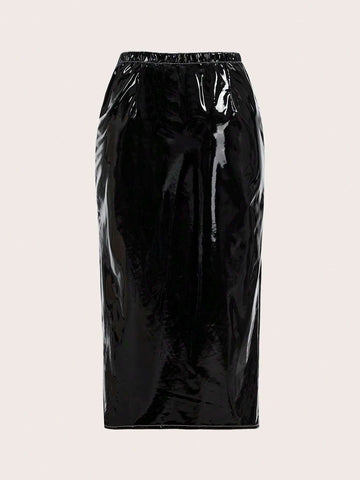 High Waist Button Front PU Leather Skirt