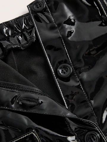 High Waist Button Front PU Leather Skirt