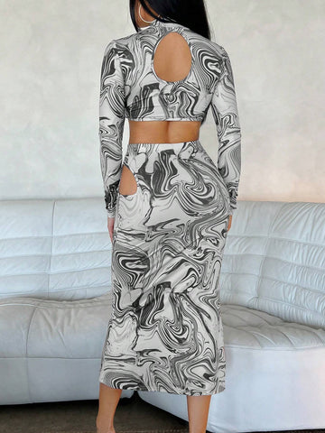 Marble Print Cut Out Crop Top & Skirt