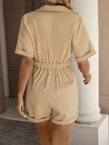Drawstring Waist Roll Up Hem Shirt Romper