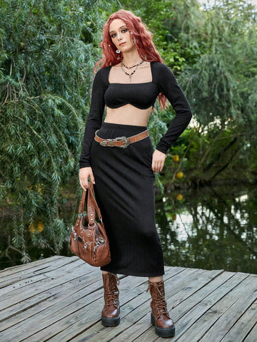 ROMWE PUNK Solid Crop Top & Skirt Without Belt