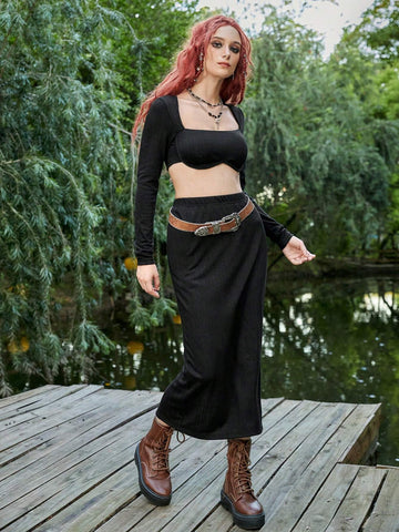 ROMWE PUNK Solid Crop Top & Skirt Without Belt