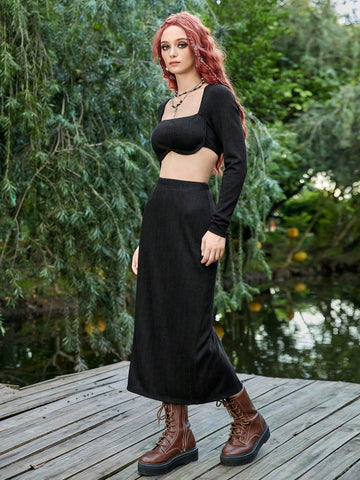 ROMWE PUNK Solid Crop Top & Skirt Without Belt