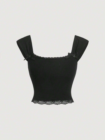 Contrast Lace Bow Front Crop Tee