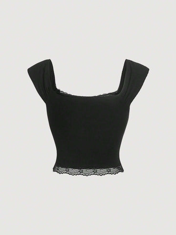 Contrast Lace Bow Front Crop Tee