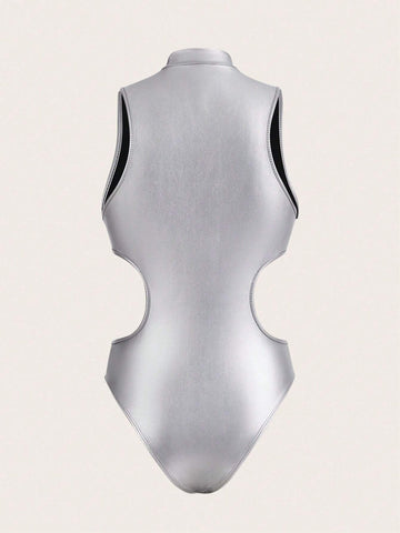 Cut Out Mock Neck PU Tank Bodysuit