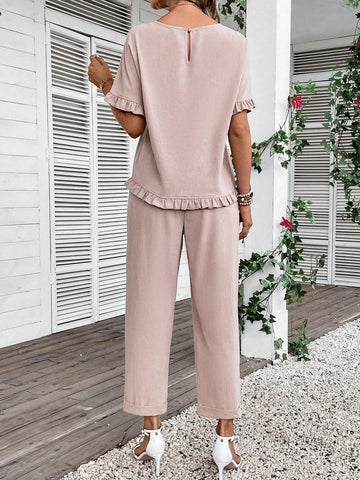 Solid Ruffle Trim Blouse & Pants