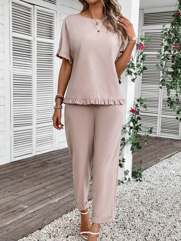 Solid Ruffle Trim Blouse & Pants