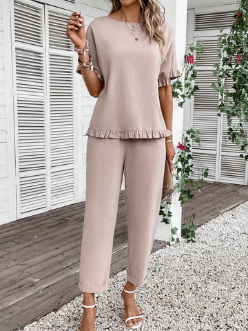 Solid Ruffle Trim Blouse & Pants